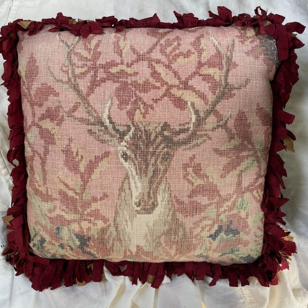 Vintage STAG PHEASANT Linen Feather Fill THROW PILLOW Rayon Ribbon Trim